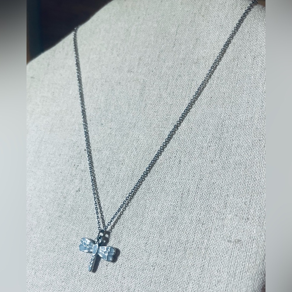 Dragonfly Tiny Vintage Detailed, Silver & Light Blue Charm on Delicate Chain - Picture 2 of 7